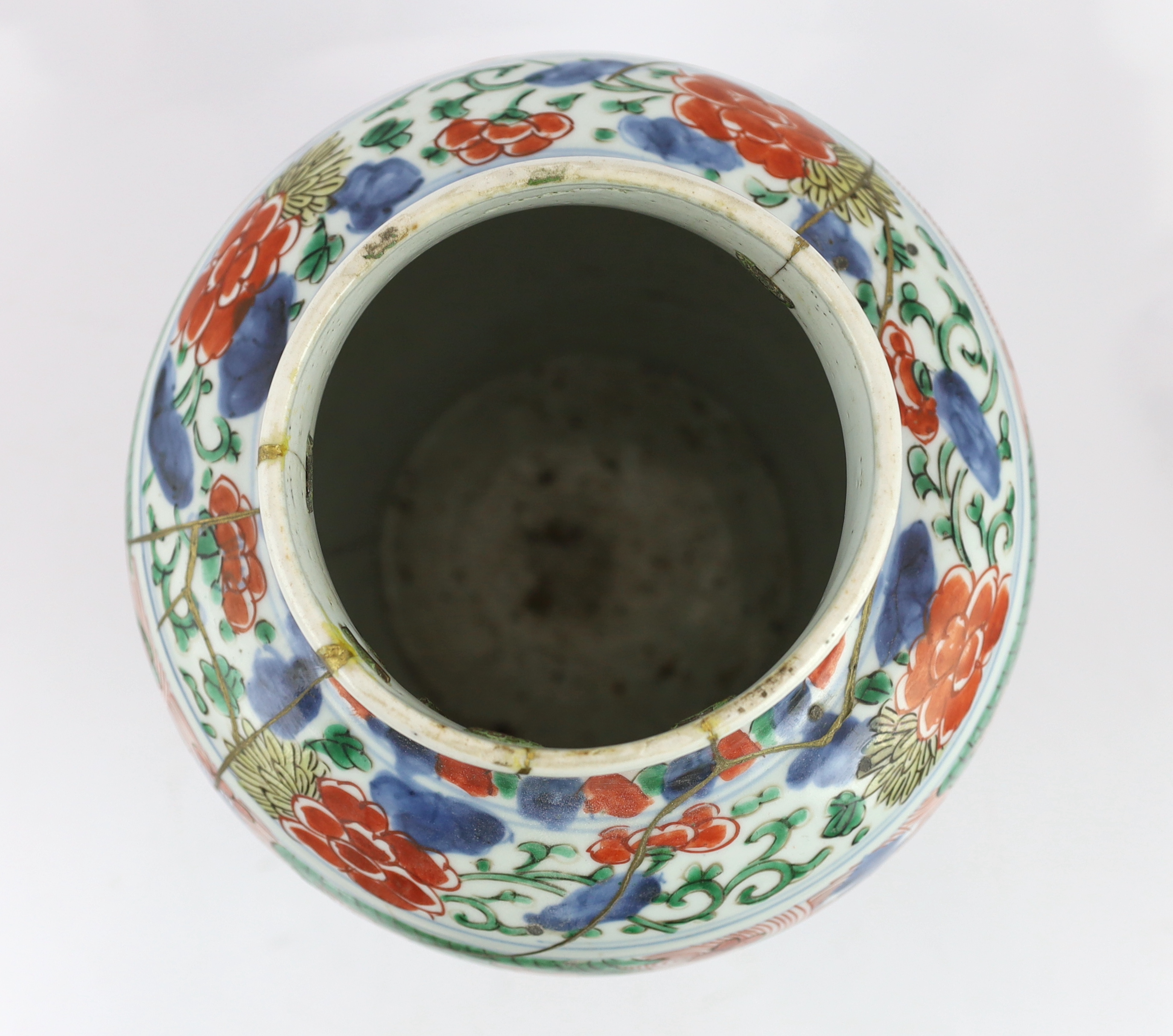 A Chinese wucai ovoid vase and cover, Transitional, Shunzhi period, broken with kintsugi style repair